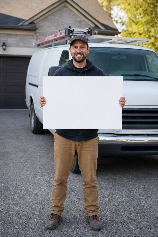 A tradesman in front of his work truck holding a thank-you sign personalized with the customer's name